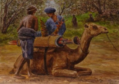 Deux hommesarabes et un chameau aquarelle